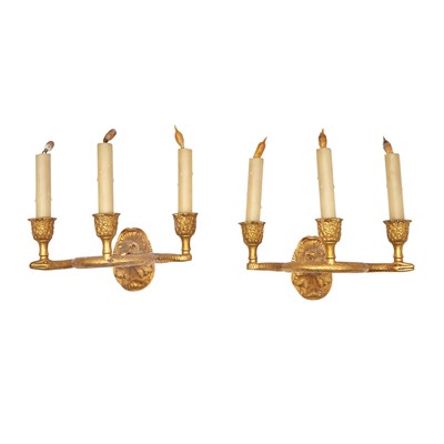 Lot 743 - Set of Four Louis XVI Style  Gilt Bronze Three-Light Wall Lights