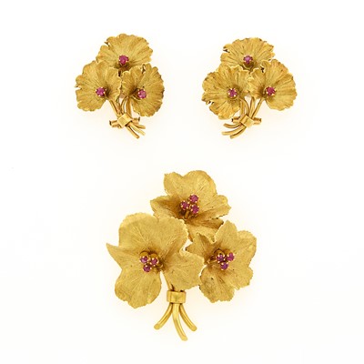 Lot 1249 - Tiffany & Co. Gold and Ruby Flower Bouquet Brooch and Pair of Earclips