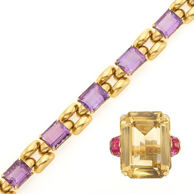 Lot 1087 - Gold and Amethyst Bracelet and Citrine and Synthetic Ruby Ring
