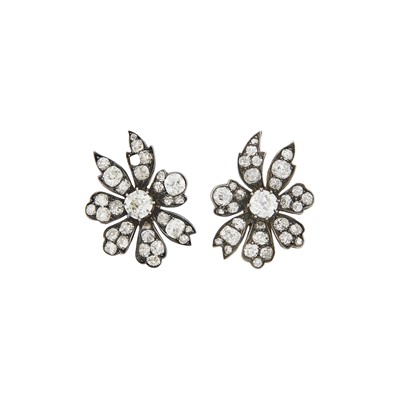 Lot 136 - Pair of Silver, Gold and Diamond Flower Earclips