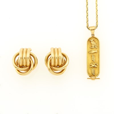 Lot 1226 - Pair of Gold Knot Earrings and Egyptian Pendant with Chain Necklace