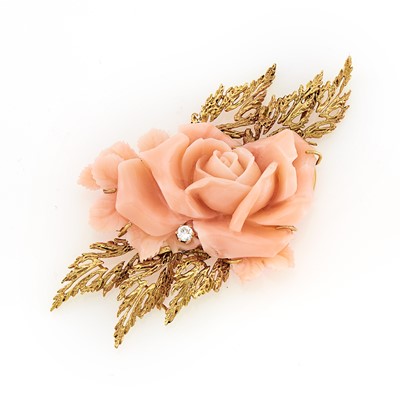 Lot 1069 - Gold, Carved Angel Skin Coral Rose and Diamond Brooch