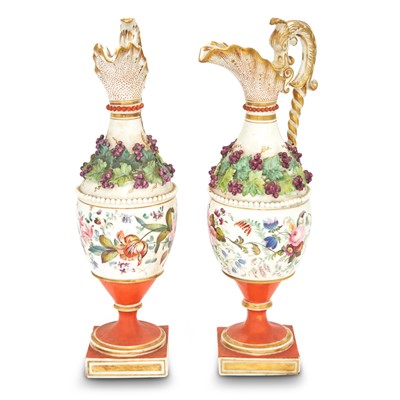 Lot 58 - Pair of Continental Gilt and Hand-Painted Porcelain Footed  Ewers