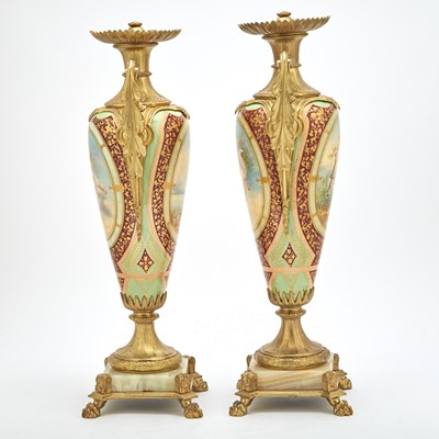 Lot 49 - Pair of Louis XVI Style Gilt-Metal, Hand-Painted Porcelain and White Onyx Two-Handled Garniture Urns
