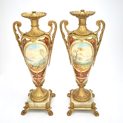 Lot 49 - Pair of Louis XVI Style Gilt-Metal, Hand-Painted Porcelain and White Onyx Two-Handled Garniture Urns