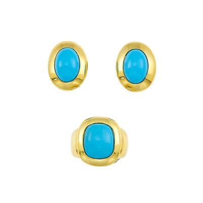 Lot 2043 - Gold and Reconstituted Turquoise Ring and Earrings