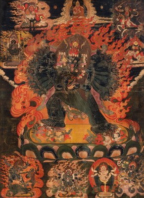 Lot 745 - A Tibetan Black Ground Thangka of Yamantaka