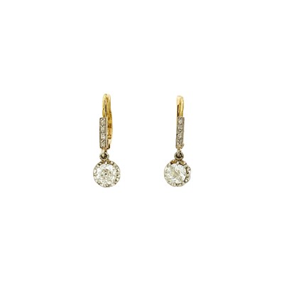 Lot 1131 - Pair of Gold, Platinum and Diamond Pendant-Earrings, France