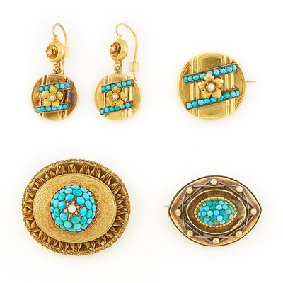 Lot 1147 - Three Antique Gold, Turquoise, Split Pearl and Diamond Brooches and Pair of Pendant-Earrings