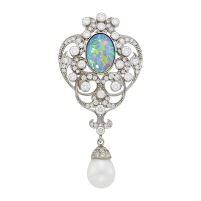Lot 1167 - Platinum, White Gold, Opal, Diamond and Cultured Pearl Pendant-Brooch