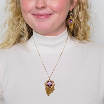 Lot 47 - Antique Gold, Amethyst, Split Pearl and Emerald Fringe Pendant with Chain Necklace and Pair of Pendant-Earrings