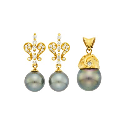 Lot 1207 - Pair of Gold, Gray Tahitian Cultured Pearl and Diamond Pendant-Earrings and Pendant