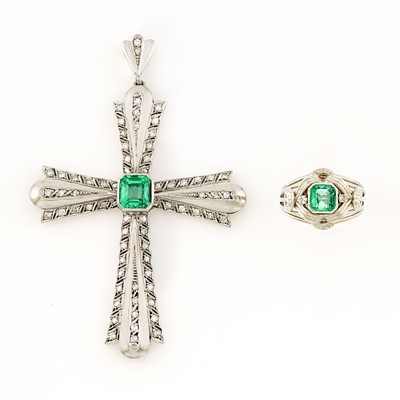 Lot 1171 - White Gold, Emerald and Diamond Ring and Cross Pendant