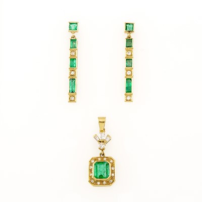 Lot 1237 - Pair of Gold, Emerald and Diamond Pendant-Earrings and Pendant