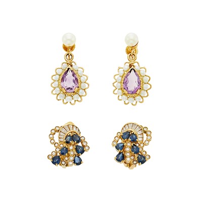 Lot 1210 - Two Pairs of Gold, Amethyst and Cultured Pearl Pendant-Earrings and Pair of Sapphire and Diamond Earrings