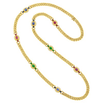 Lot 146 - Long Gold, Multicolored Stone and Diamond Curb Link Chain Necklace