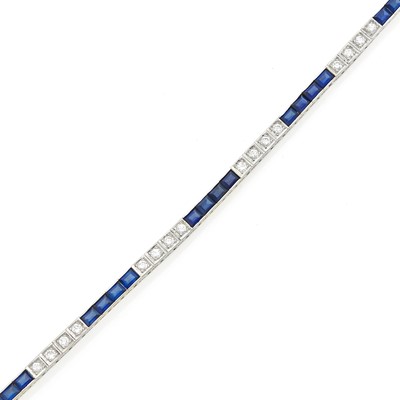 Lot 1173 - White Gold, Synthetic Sapphire and Diamond Bracelet
