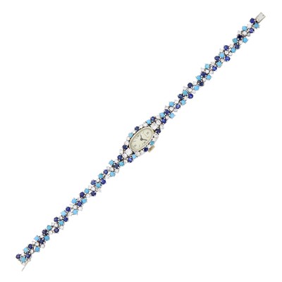 Lot 80 - Tiffany & Co. White Gold, Turquoise, Diamond and Sapphire Wristwatch, France