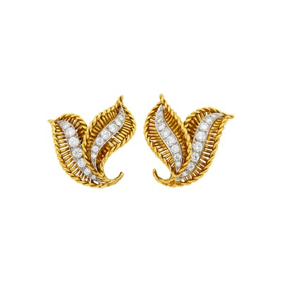 Lot 66 - Van Cleef & Arpels Pair of Gold, Platinum and Diamond Flare Earclips