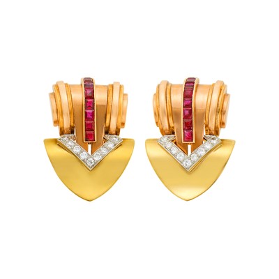 Lot 91 - Pair of Two-Color Gold, Platinum, Ruby and Diamond Clips