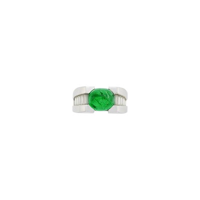 Lot 1072 - Platinum, Cabochon Emerald and Diamond Ring