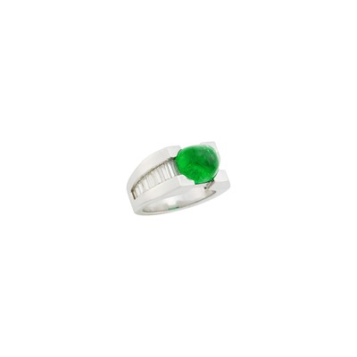 Lot 75 - Platinum, Cabochon Emerald and Diamond Ring