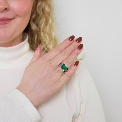 Lot 75 - Platinum, Cabochon Emerald and Diamond Ring