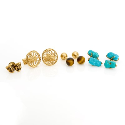 Lot 1252 - Three Pairs of Gold and Hardstone Cufflinks and Tie Pin
