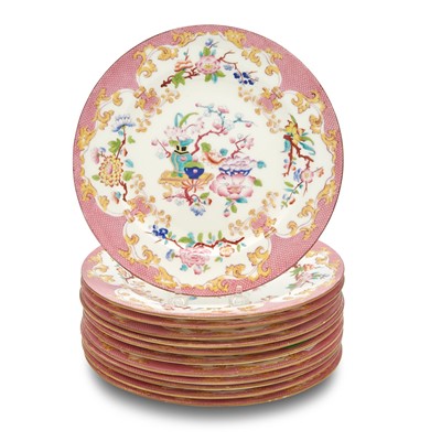 Lot 1 - Twelve Mintons "Chinese Tree" Pattern Pink-Ground Porcelain Dinner Plates