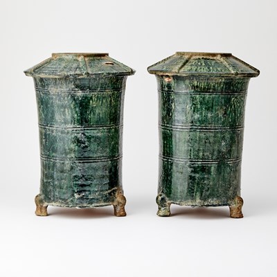 Lot 735 - A Pair of Chinese Green Glazed Pottery Granary Vessels