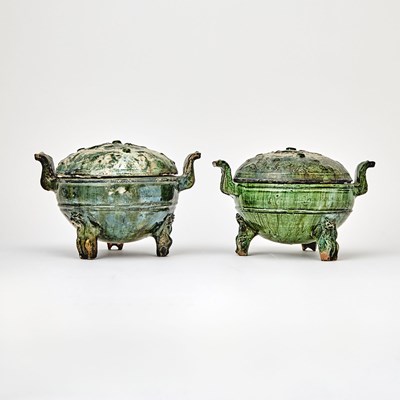 Lot 731 - A Pair of Chinese Green Glazed Pottery Ding Vessels