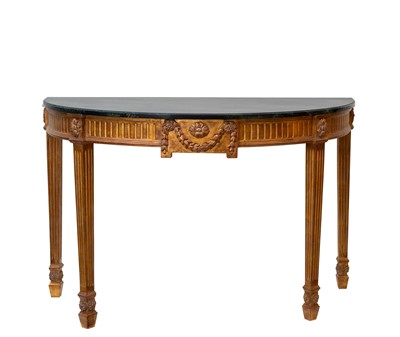 Lot 1086 - Pair of Neoclassical Style Faux Marble and Gilt-Wood Demilune Console Tables