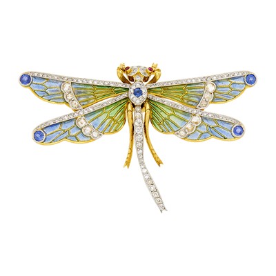 Lot 131 - Gold, Platinum, Plique-à-Jour Enamel, Sapphire and Diamond Dragonfly Brooch, Retailed by Moira London