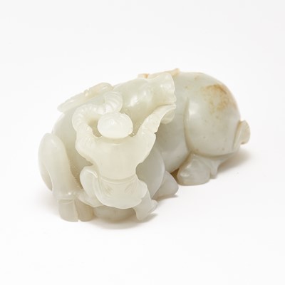 Lot 53 - A Chinese White Jade Carving of Buffalo and Boys