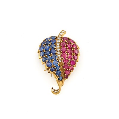 Lot 1075 - Gold, Ruby, Sapphire and Diamond Leaf Clip-Brooch