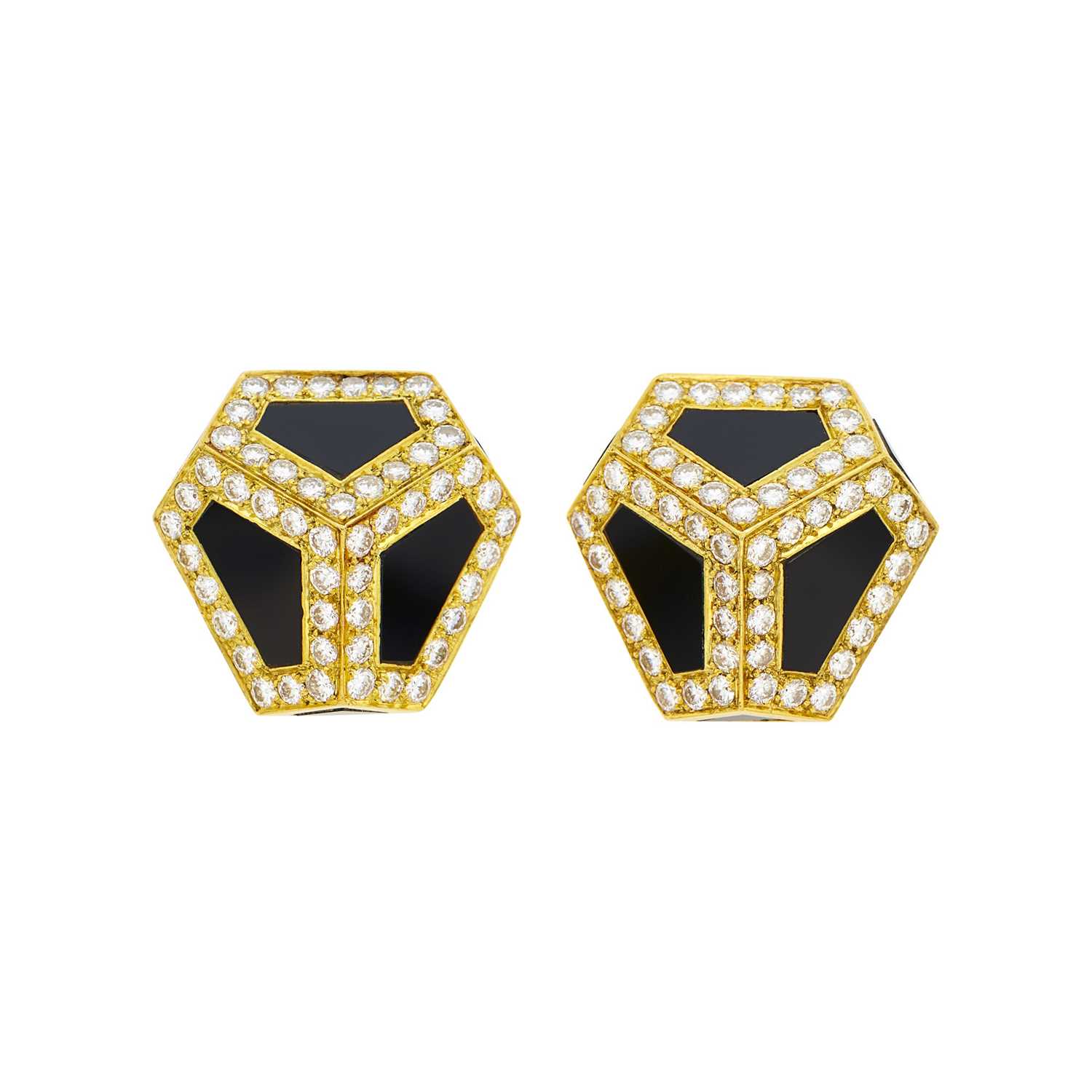 Lot 123 - Pair of Gold, Black Onyx and Diamond Earclips