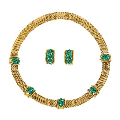 Lot 2127 - Gold and Turquoise Pair of Earclips and Necklace/Bracelet Combination