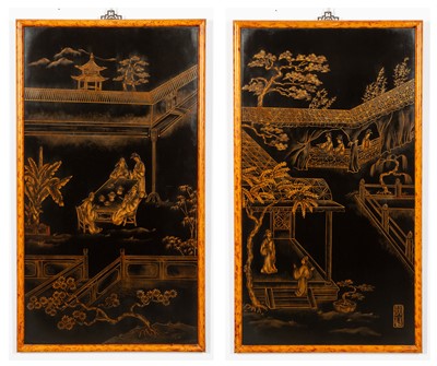 Lot 114 - Pair of Chinese Gilt Decorated Black Panels