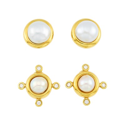 Lot 2027 - Ruth Taubman Two Pairs of Gold, Semi-Baroque Cultured Pearl and Diamond Earclips