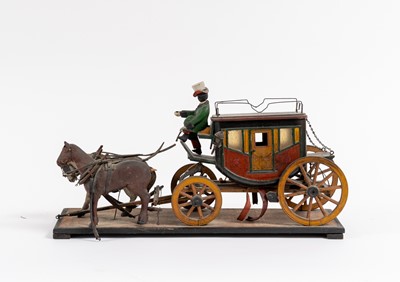 Lot 1074 - Painted Wood Horse-Drawn Coach Toy