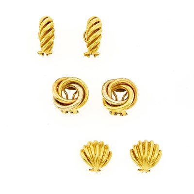 Lot 1042 - Tiffany & Co. Two Pairs of Gold Earclips and Pair of Tricolor Gold Earclips