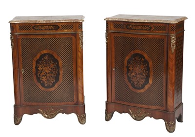 Lot 304 - Pair of French Inlaid Marquetry and Parquetry Cabinets with Marble Tops