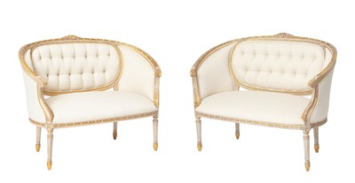 Lot 305 - Pair of Louis XVI Style Painted Settees with Tufted Upholstery
