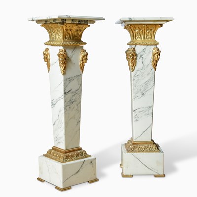 Lot 157 - Pair of French Gilt Bronze Mounted White Marble Pedestals