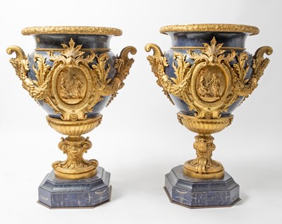 Lot 169 - Pair of Large Lapis and Gilt Bronze Urns