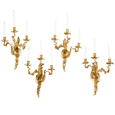 Lot 313 - Set of Four Louis XV Style Gilt-Bronze Three-Light Sconces