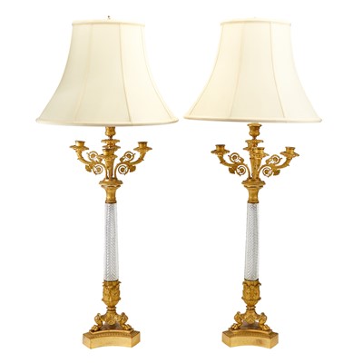 Lot 284 - Pair of Empire Style Glass and Gilt Bronze Five-Light Candelabra Mounted as Lamps