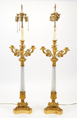Lot 284 - Pair of Empire Style Glass and Gilt Bronze Five-Light Candelabra Mounted as Lamps