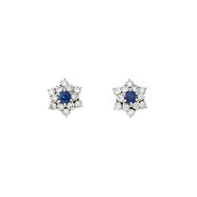 Lot 1160 - Pair of White Gold, Sapphire and Diamond Snowflake Earrings