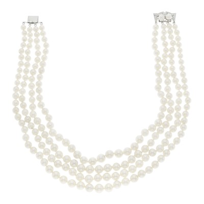 Lot 1195 - Four Strand Cultured Pearl Necklace with White Gold and Diamond Clasp